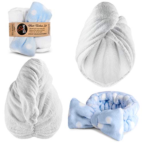 Premium White Microfiber Hair Towel Wrap + Headband, Ultra Absorbent and Anti Frizz for Quick Hair Drying for Women & kids with Curly or Long Hair