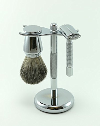 G.B.S Travel Shaving Kit- Steel Razor and Brush Stand, Chrome Double Edge Safety Razor + Leather Head Sleeve, Shave Brush + Travel Tube, Sandalwood Shaving Cream and Men's Toiletry Bag with Handles