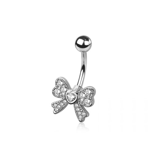 Pierced Owl 14GA 316L Stainless Steel Bow with Crystal Heart Center Belly Button Ring