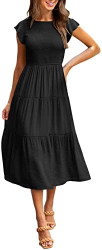 MEROKEETY Womens Flutter Short Sleeve Smocked Midi Dress Summer Casual Tiered A-Line Dress