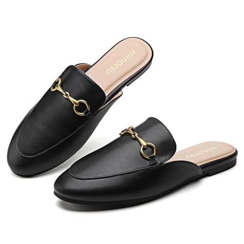 Minorsu Womens Black Animal Print Buckle Mules - Memory Foam Insole - Low Heel - Casual Mule Shoes