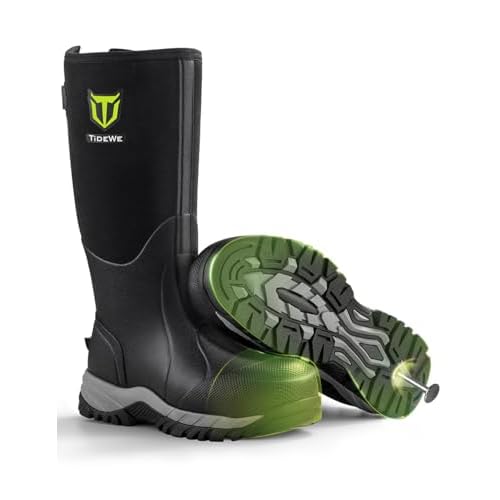 TIDEWE Work Boots Puncture-Proof with Steel Toe & Shank, Waterproof Anti Slip Rubber Boots for men, 6mm Neoprene Outdoor Boots, Durable Hunting Boots for Manufacturing, Construction, FarmingBlack,Size 7-13
