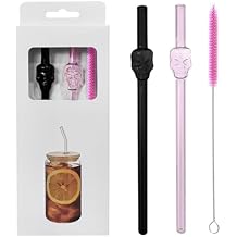 Skull Glass Drinking Straws, 8 Inch Design, Pink and Black, Reusable, Set of 2 with Cleaning Brush