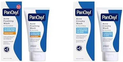 PanOxyl Acne Wash Bundle: 10% Benzoyl Peroxide Maximum Strength Foaming Wash (5.5 Oz) and 4% Benzoyl Peroxide Creamy Wash (6 Oz)