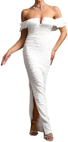 BELLA BARNETT Off The Shoulder Dress Ruffled Slit Dress Satin Maxi Dress Elegant Evening Dress