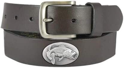 ZEP-PRO Bass Mens Leather Belt Brown Full Grain Pullup Strap With Fish Emblem 1.25 Wide Handmade Accessory With Tapered Tip And Natural Finish, Size 40