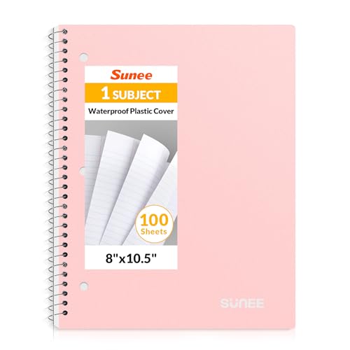 SUNEE Spiral Notebook, 1-Subject, College Ruled Paper, 8 x 10-12, 100 Sheets per Notebook, 3-Hole Punched Paper, Water Resistant Cover, Double-sided Pockets, Spiral Lined Notebooks for Work, Pink