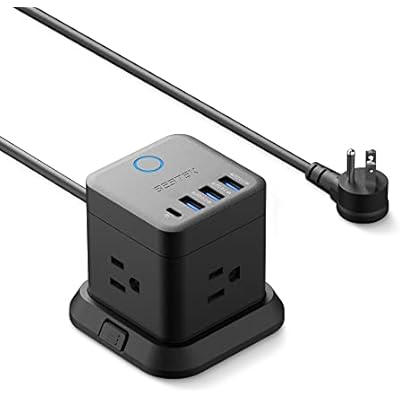 BESTEK PD20W Power Strip Tower with USB, Vertical Cube Mountable Power Outlet Extender with 3 Outlets, 3 USB-A & 1 USB-C Ports, 5-Foot Extension Cord and Detachable Base for Easy Mounting Black