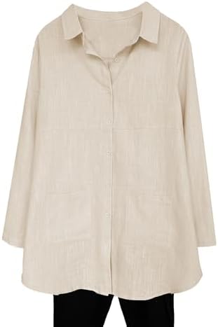 Minibee Womens Linen Shirts Button Down Long Tunic Tops Plus Size Blouse with Pockets