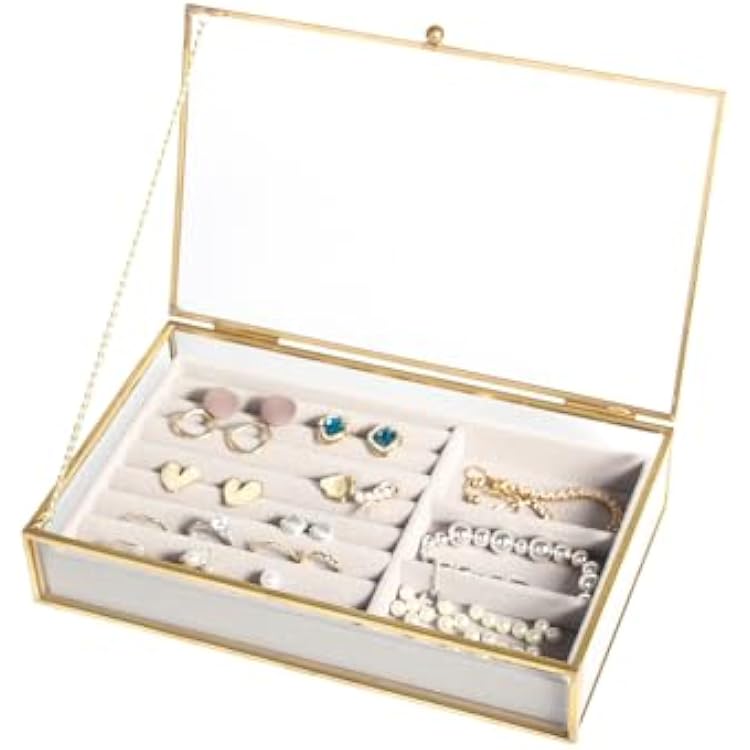 Feyarl Gold Glass Jewelry Trinket Box Ring Earring Display Holder Box Bracelet Brooch Organizer Decorative Photo Cards Collection Keepsake Case Velvet Tray for Home Deco Dresser Table