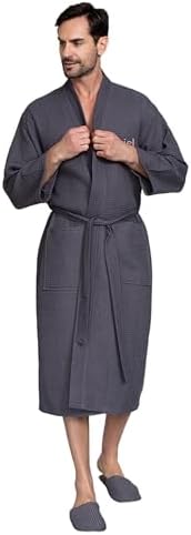 Lotus Linen Mens Waffle Weave Cotton Bathrobe Lightweight, Quick Dry Spa Robe, Personalized Robes