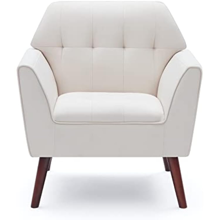 Kingfun Linen Fabric Accent Chairs for Bedroom, Midcentury Modern Accent Arm Chair for Living Room, Comfy Reading, Tufted Comfortable Sofa Chair, Upholstered Single Sofa, Ivory Beige
