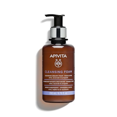 Apivita Cleansing Foam | Hydrating & Soothing Cleansing Creamy Foam for Face & Eyes with Olive, Lavender & Propolis, 200 mL  6.67 oz