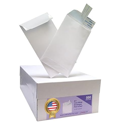 NextDay Labels #7 Coin Envelopes - 500-Pack White Peel & Seal Money Envelopes for Cash, Coins, Jewelry, or Small Parts - Durable White Paper Cash for Home, Office, or Business Use - Made in USA