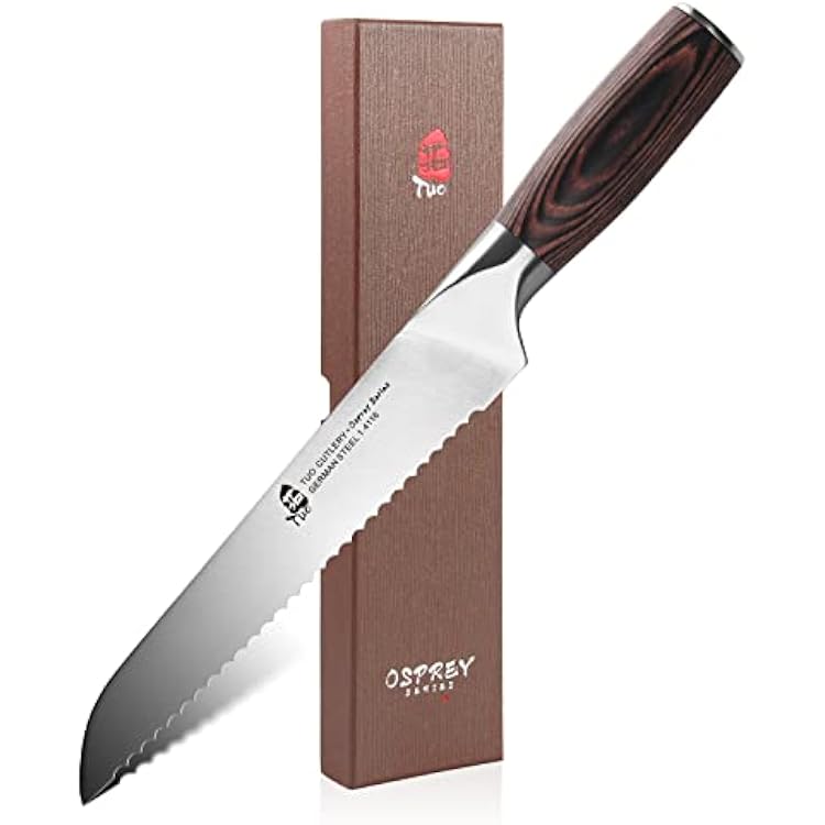 TUO Serrated Bread Knife 8 inch - Professional Bread Cutter Chef Knife - German HC Stainless Steel Ultra Sharp Wavy Edge- Ergonomic Pakkawood Handle with Gift Box - Osprey Series