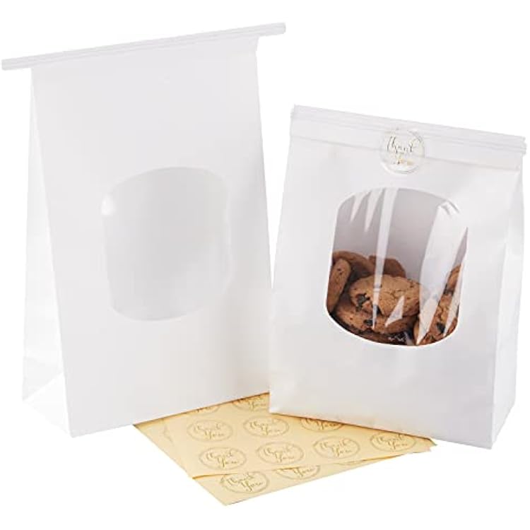 InDrah Bakery Bags with Window, 25Pcs 9.5x6.1x2.8 Inches Tin Tie Tab Lock Bags White Kraft Paper Bags Cookies Bags Coffee Bags Packaging Treat Bags