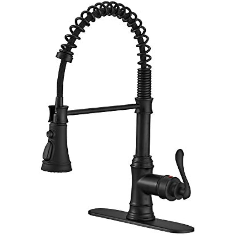 BWE Kitchen Sink Faucet with Deck Plate Single Handle Lever with Pull Down Sprayer Spring 3 Function Kitchen Faucet High Arc Farmhouse Commercial Bar Kitchen Faucets Matte Black