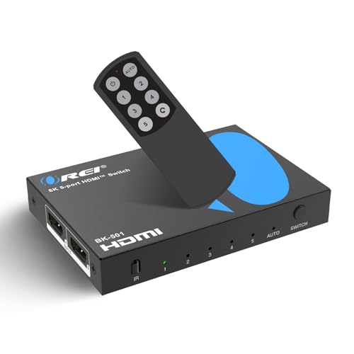 OREI 8K HDMI Switch 5 in 1 Out HDMI 2.1 Switcher 4K 120Hz, 48Gbps 8K@60Hz, 5 Port HDMI Switch with Remote, HDR10, VRR, ALLM, QFT, CEC for PS5 Xbox Roku Fire TV