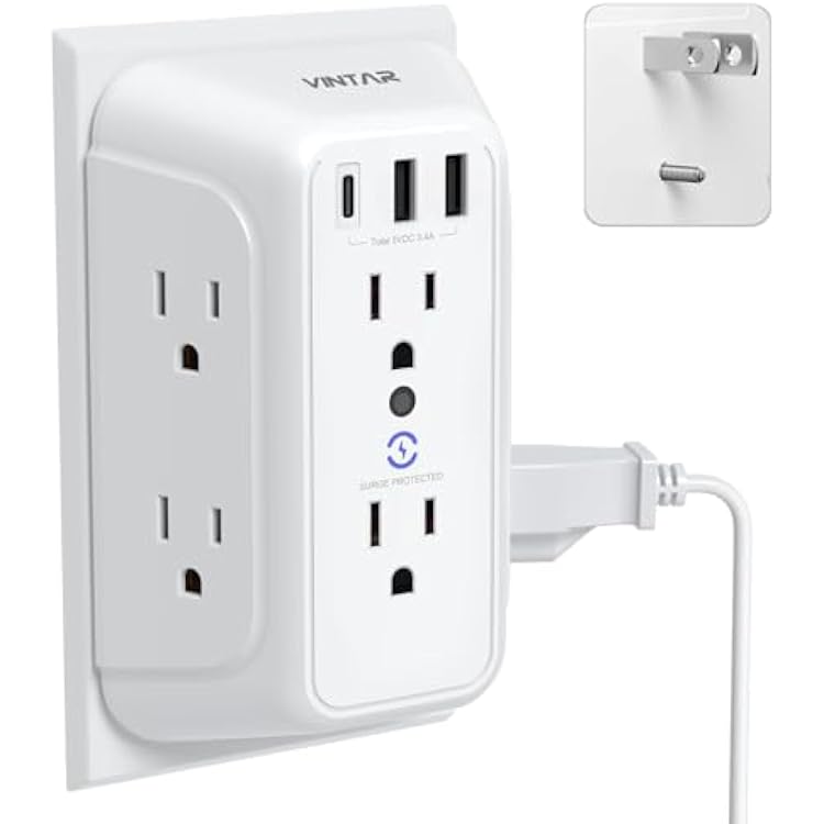 2 to 3 Prong Outlet Adapter, VINTAR 6 Outlet Extender with 3 USB Ports 1 USB C, 2 Prong Power Strip, Polarized Plug, 3 Sided Wall Charger Surge Protector, Multi Plug for Non Grounded Outlets