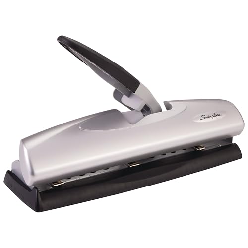 Swingline 3 Hole Punch, 20 Sheet Capacity Three Hole Puncher 3 Ring, Adjustable 2-7 Hole Paper Punch, LightTouch Low Effort, Black & Silver 74030