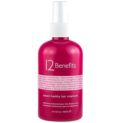12 Benefits Instant Healthy Hair Treatment - Leave In Conditioner Spray with Quaternium 39 and Silk Fibre Protein - Smooths Frizz, Strengthens & Repairs Damaged Hair - 12 Fl Oz