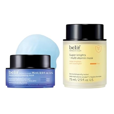 belif Overnight Skin Reset Duo - Aqua Bomb Sleeping Mask & Super Knights Multi Vitamin Mask with Niacinamide and Vitamin Complex for Intensive Hydration and Radiant Glow