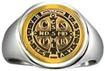 Catholic Unisex Gold Saint Benedict Ring Stainless Steel Catholic St Benedict Ring-St Benedict Holy Prayer Card Included (Gold)