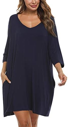 Doaraha Womens Sleepshirt Oversized V Neck Nightgown Cotton 34 Sleeve Nightshirt Sleepwear with Pocket