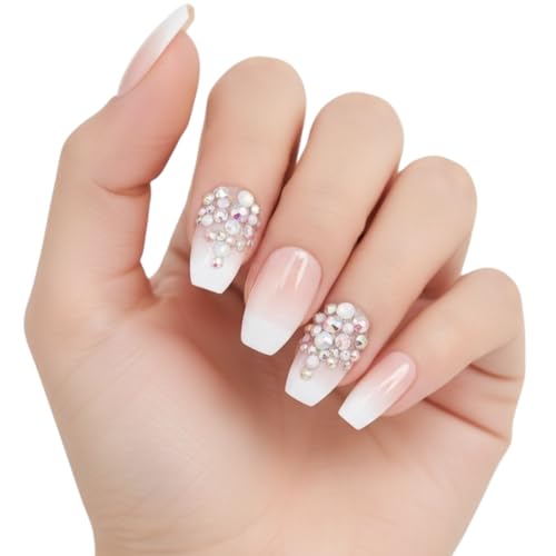 Natural Nude Pink Ombre White French 3D Crystal Design Press On Nails - Long Square Coffin Fake Nails with Rhinestones and Nail Glue, Reusable Nail Tips - Glue On Nails 24 Nail Kit, Glamour Glow