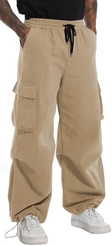AITFINEISM Mens Casual Cargo Pant Elastic Waist Drawstring Streetwear Parachute Pants