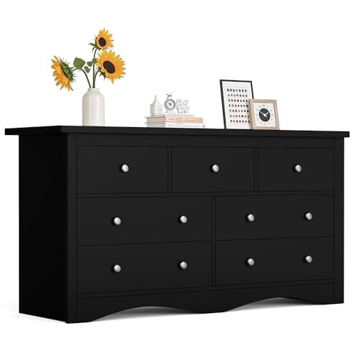 Furmax Dresser for Bedroom, 7 Wood Dresser, Chest of Drawers, for TV up to 65 inch, TV Stand Storage Chest of Drawers for Hallway Entryway Black