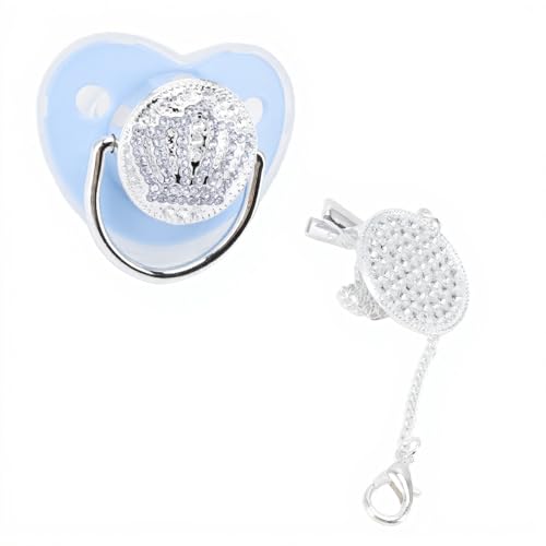 Personalized Bling Pacifier, Heart Shape Shinning Baby Pacifier, Rhinestone Crown Ultra Soft Silicone Infant Dummy Baby Soother Nipple for Baby Show New Born Gifts Blue M