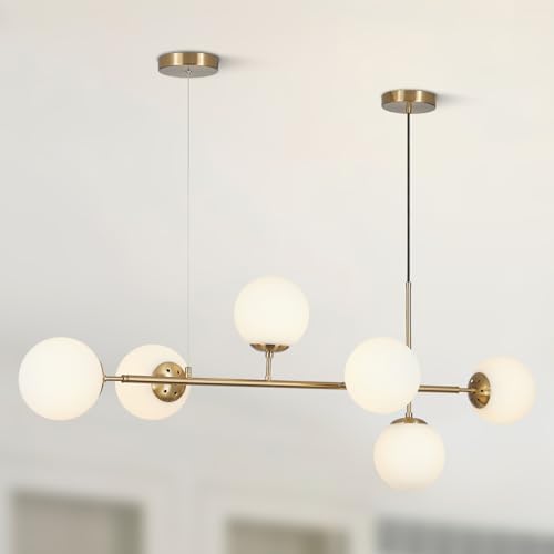 BOKT Brass Gold 6-Lights Straight Pendant Light Fixture Mid Century Modern Linear Sputnik Chandelier Large Globe Kitchen Island Dining Pendant Lighting Milk Glass Globe Pendant Lamp