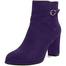 AMBELIGHT Womens Solid Round Toe Casual Buckle Booties Suede Chunky High Heel Ankle High Boots 3.3 Inch