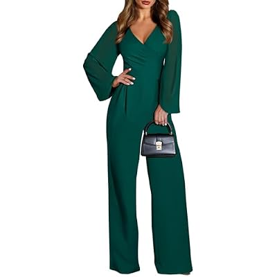 Pink Queen Jumpsuits for Women Dressy Patchwork Chiffon Sleeve V Neck Wide Leg Romper Elegant Party Outfits