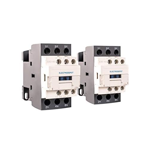 Electrodepot 30 Amp 3 Pole Normally Open IEC 660V Contactor, Auxiliary 1NO-1NC 110-120VAC Coil, Inductive 32A, Resistive 50A with Mounting Base for DIN Rail Pack of 2