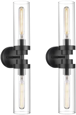 Emak 22 Inch Black Bathroom Light Fixtures Over Mirror, 2-Light Bathroom Vanity Light with Clear Glass Shade, 2 Pack Wall Sconce for Bathroom, Bedroom, Hallway, VL085-BKL-2-2PK