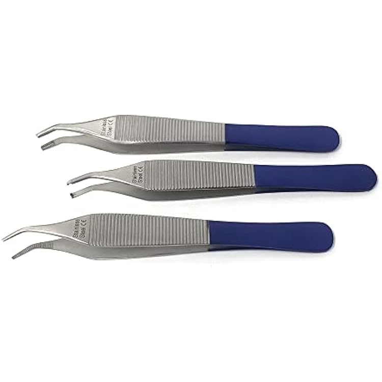 Stainless Steel ADSON Forceps Tissue 1X2 Teeth ADSON Brown Forceps ADSON Dressing Forceps 4.75 Set of 3 Curved Tips Multipurpose Tweezers Blue Handle