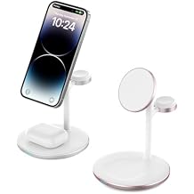 2 Pack(Silver&Pink) 3 in 1 Wireless Charging Station for Multiple Devices, 15W Fast Wireless Mag-Safe Charger Stand with 20W Fast Adapter for iPhone 15 14 13 12, iWatch, AirPod