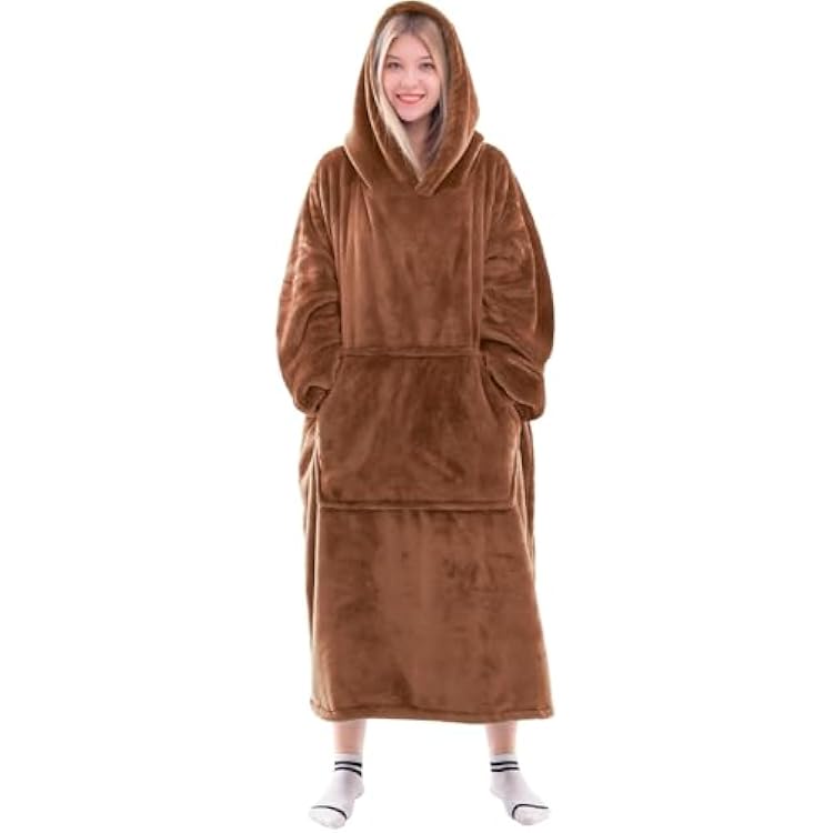 Waitu Wearable Blanket Sweatshirt Gifts for Women and Men, Warm and Cozy Giant Blanket Hoodie, Thick Flannel Blanket with Sleeves and Giant Pocket - Camel