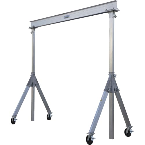 Vestil AHA-2-8-10 Aluminum Adjustable Height Gantry Crane with Glass Filled Nylon Casters 8 Ft. Wide x 10 Ft. Max Usable Height 2,000 Lb. Capacity Silver