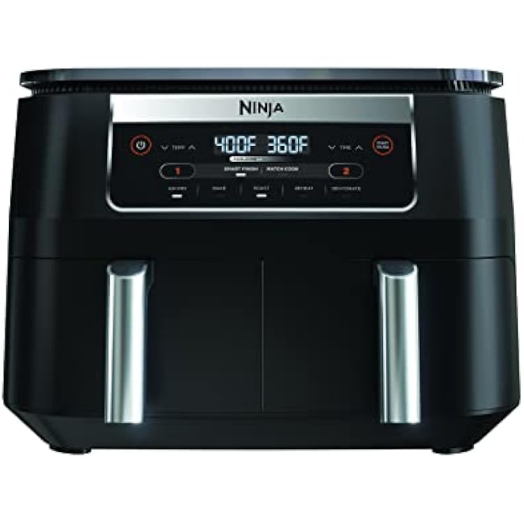 Ninja DZ090 Foodi 6 Quart 5-in-1 DualZone 2-Basket Air Fryer with 2 Independent Frying Baskets, Match Cook & Smart Finish to Roast, Bake, Dehydrate & More for Quick Snacks & Small Meals, Black