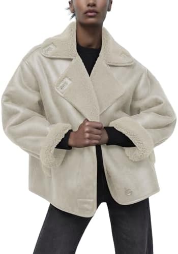 chouyatou Women's Winter Sherpa Lined Faux Leather Jacket Casual Motorcycle Oversized Leather Jacket
