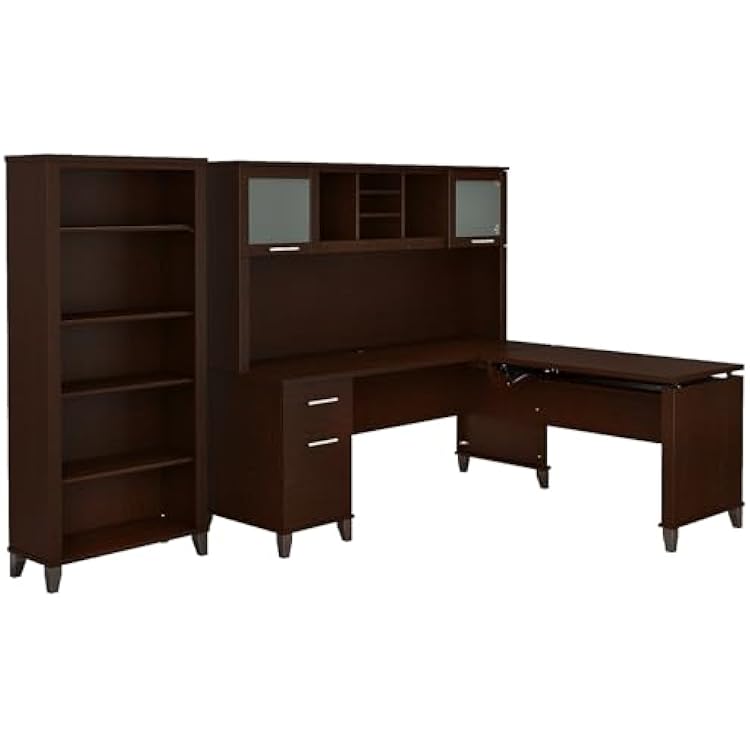 Bush Furniture Somerset 72W 3 Position Sit to Stand L Shaped Desk with Hutch and Bookcase in Mocha Cherry
