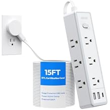 Flat Extension Cord 15 FT, Power Strip with 9 Widely Outlets and 3 USB (1 USB-C), Extension Cord with Multiple Outlets, 1080 Joule, Wall Mount, for Home Office, Dorm,White