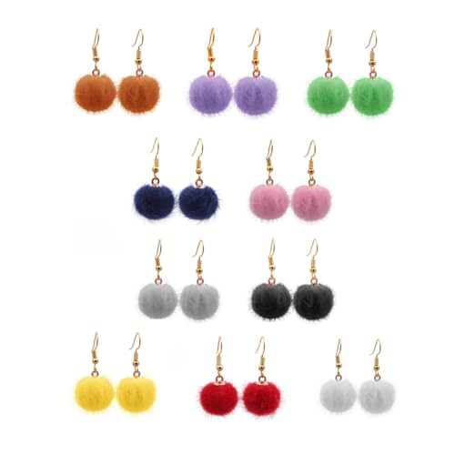 10 Pcs Set Faux Fur Pom Pom Drop Dangle Earrings for Women,10 Color 18K Gold Plated Woman Dainty Dangly Ear rings,Tassel Earings Gold Dangling Earrings,Pierced Earrings for Women