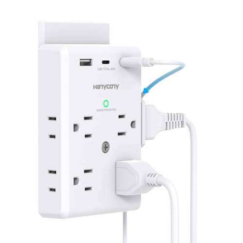 Multi Plug Outlet Extender with PD30W USB C Fast Charging, HANYCONY 3-Sided Power Strip with 900J Surge Protector, 8 Outlet Splitter and 3 USB Ports for Smart Home Office Travel Dorm Room, ETL Listed