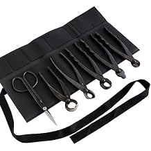 Wazakura Made in Japan 6PCS Bonsai Professional Tool Kit with Roll Bag: Yasugi Steel Ashinaga Scissor, Concave Branch Cutter, Knob Cutter, Jin Plier, Wire Cutter, Root Cutter. Bonsai Tool Set & Case