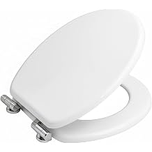 MDF Universal Toilet Seat Cover – Soft Close Wooden Toilet Lid with Adjustable Chrome Hinges – Durable Easy-Clean Oval Toilet Seat for Standard Toilets, White Finish