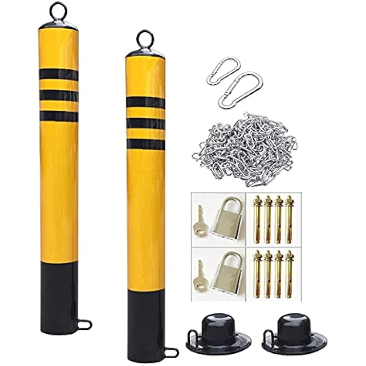 Set of 2 Parking Posts Lockable,5m Iron Chain Parking Barrier Bollards with Reflective Tape,Easy Installation76800mm 76650mm